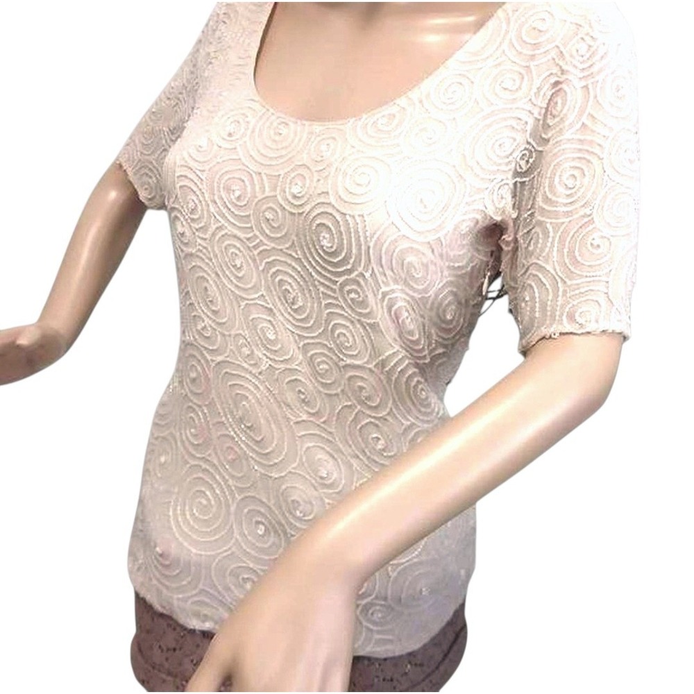 Naeem Khan Luxury Hand Beaded Spiral Silk Georgette Top Champagne Nude Size S